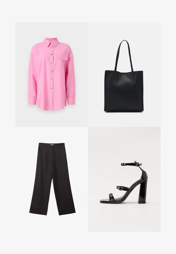 Ružová ľanová košeľa s golierom, dlhými rukávmi, predným zapínaním na gombíky a jednou náprsní špeciálnou kapsou. Má kovové gombíky a zakrivený spodný lem.; Čierne široké nohavice vyrobené z hladkej tkaniny, so zipsom vpredu a dvoma bočnými vreckami, s prispôsobeným strihom a minimalistickým dizajnom.; Čierne lakované sandále na podpätku so štvorcovou špičkou, navlečenými remienkami okolo členku a striebornými prackami. Disponujú masívnym blokovým podpätkom pre stabilitu.; Čierna kožená taška na rameno s hladkým povrchom, obdĺžnikovým tvarom a dvoma dlhými uchami. Bez viditeľného kovania alebo ozdôb.