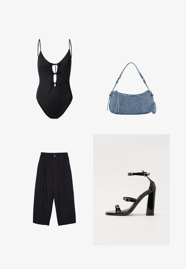 Schwarzer Einteiler-Badeanzug mit tiefem V-Ausschnitt, verstellbaren dünnen Trägern und drei Schleifenakzenten auf der Vorderseite zur Befestigung. Glatte Textur.; Schwarze Polyester-Culotte mit einem elastischen Bund, zwei vorderen Falten und einer lockeren Silhouette. Keine sichtbaren Muster oder Hardware-Details.; Schwarze patentierte Sandalen mit Absatz, quadratischer Spitze, Knöchelriemen und silbernen Schnallen. Mit einem stabilen Blockabsatz für mehr Stabilität.; Denim-Handtasche mit geschwungener Form, hellblauer Farbe, verstellbarem Schultergurt und einem kleinen abnehmbaren Täschchen mit metallischen Akzenten.