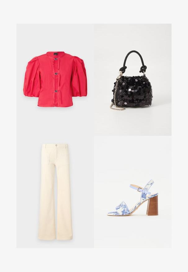 Rdeča jakna s napihnjenimi rokavi, okroglim ovratnikom, s štirimi zakovicami in gladkim, teksturiranim materialom.; Kremne flare jeans z gladko teksturo, ki imajo dve zadnji žepki in sprednje zapiranje na gumb. Ravna zasnova z visokim pasom.; Modra sandal z cvetličnim vzorcem, s kvadratnim nosom, širokim trakom in nastavljivim gležnjevim trakom, ki ima teksturiran lesen blokast pet.; Črna mini torbica s palčkami iz bleščic, z vozlanim teksturiranim trakom in srebrnima verigama. Okrogla oblika z nabranim vrhom in odsevnimi detajli.