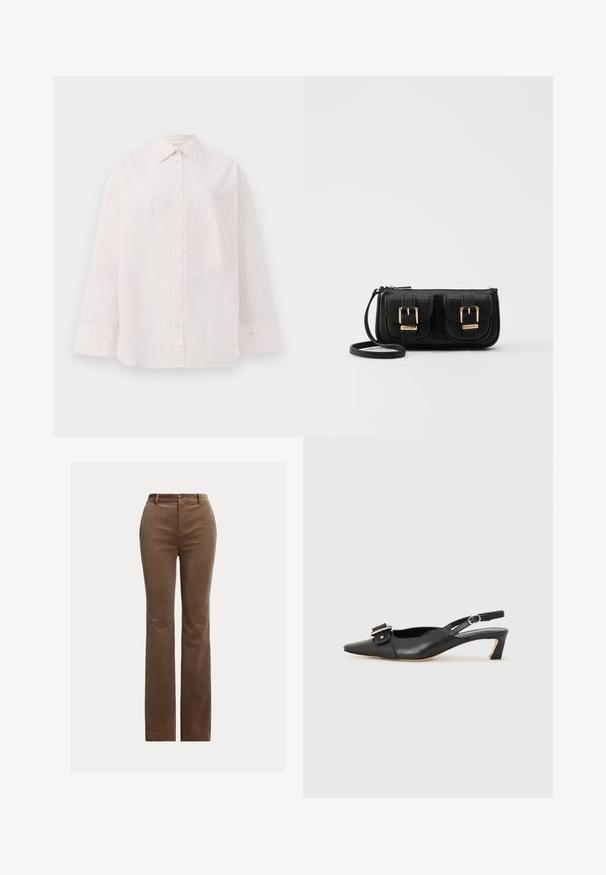 Cămașă roz deschis cu nasturi, cu dungi verticale albe, mâneci lungi, guler ascuțit și un singur buzunar pe piept. Textura materialului este netedă.; Pantaloni din catifea cord cu croială dreaptă, având bucle pentru curea, buzunare frontale și o textură subtilă verticală.; Pantofii negri din piele cu toc mic, vârf ascuțit și detaliu decorativ cu cataramă pe partea superioară. Textură netedă, design minimal.; Geantă neagră din piele, tip crossbody, cu două buzunare frontale, catarame aurii, închidere cu fermoar și o curea subțire. Suprafață texturată și formă rectangulară compactă.