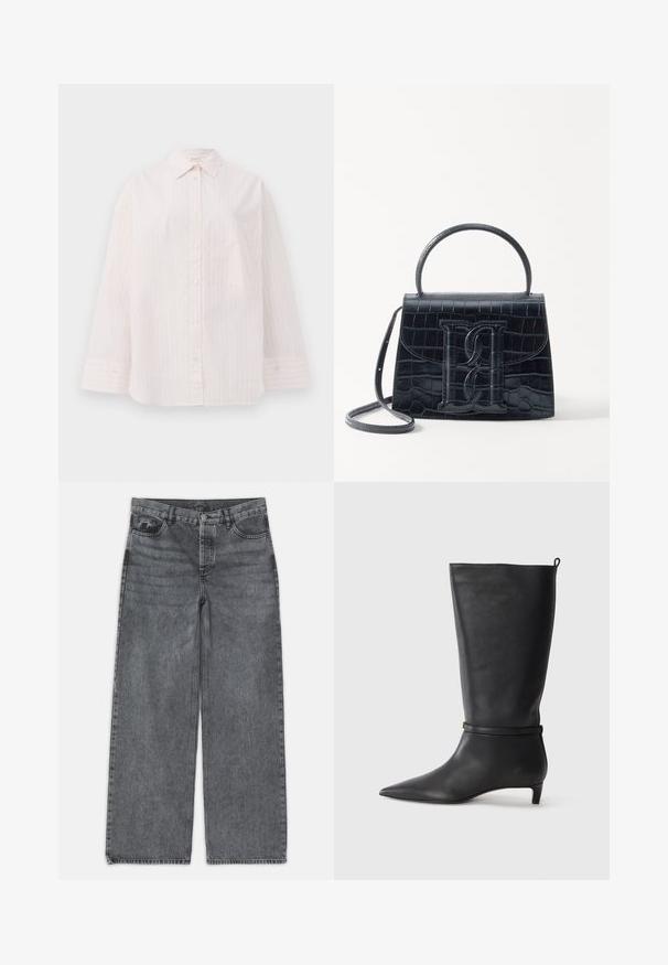 Camisa de botones de color rosa claro con rayas blancas verticales, de manga larga, cuello puntiagudo y un solo bolsillo en el pecho. Textura de tela suave.; Jeans de pierna ancha en denim gris oscuro. Presentan una cintura alta, diseño de cinco bolsillos y cierre delantero de botón. Textura suave con un sutil desgastado.; Bota de cuero negro hasta la rodilla con punta afilada, acentuada por una correa circular alrededor del tobillo y un tacón bajo y afilado. Textura suave.; Bolso de mano de cuero negro con estampado de cocodrilo, diseño estructurado, asa superior, correa ajustable y un destacado detalle del logotipo en la parte frontal.