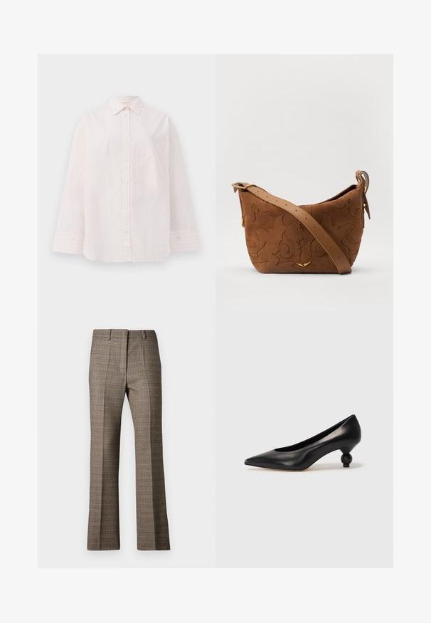 Cămașă roz deschis cu nasturi, cu dungi verticale albe, mâneci lungi, guler ascuțit și un singur buzunar pe piept. Textura materialului este netedă.; Pantaloni în carouri maro, cu un croi drept, având un material texturat și nuanțe subtile de bej și maron închis în întregul model.; Pantofii cu toc înalt din piele neagră, cu vârf ascuțit și toc rotund, mimos. Textură netedă, cu un design elegant și minimalist.; Geantă de umăr din suede maro cu un design floral embosat, completată de o curea din piele maro netedă și accente din metal auriu.