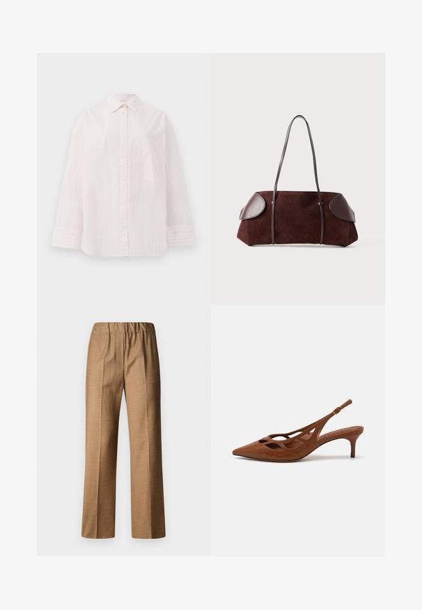 Světle růžová košile na knoflíky s vertikálními bílými pruhy, dlouhými rukávy, špičatým límcem a jednou náprsní kapsou. Hladká textura látky.; Hnědé kalhoty s texturou a volným střihem, široké nohavice a elastický pas. Zakázkový design s předními sklady.; Hnědá kožená slingback obuv na podpatku s špičatou špičkou, vyříznutým designem a šitými detaily. Disponuje štíhlým podpatkem a nastavitelným páskem.; Hnědá semišová taška s koženými detaily, strukturovaného tvaru, s dvojitými ramenními popruhy a zaoblenými okraji, s hladkým povrchem a minimálním kovovým příslušenstvím.