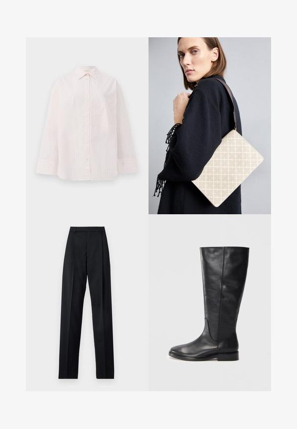 Svetlo roza srajca z gumbi, s navpičnimi belimi črtami, dolgimi rokavi, končnim ovratnikom in enim žepom na prsih. Gladka tekstura tkanine.; Črne hlače iz gladkega materiala, ki imajo visok pas, široke noge, sprednje nabore in klasične zanke za pas. Nevidni stranski žepi.; Črne usnjene škornje do kolen z nizko peto in zaobljenim prstom, ki prikazuje šive vzdolž šahta in zgornjega dela.; Bežna torba z vzorcem, strukturirane oblike, z rjavim teksturiranim pasom. Nosena na modelu ob sivi podlagi.