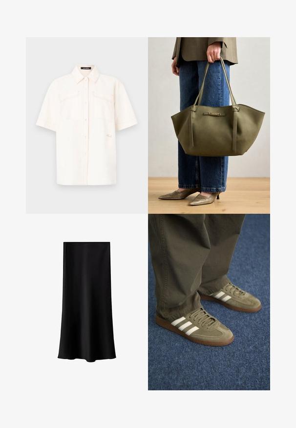 Majica kratkih rukava krem boje izrađena od laganog materijala, s dva prednja džepa, dizajnom na dugmad i kontrastnim šavovima.; Crna midi suknja napravljena od glatkog, laganog materijala. Ima ravni kroj, bez vidljivih metalnih dijelova i jednostavan dizajn bez uzoraka.; Zelene nubuk tenisice s tri bijele pruge, smešnim gumiranim đonom i teksturiranim vezicama, u kombinaciji s maslinasto zelenim hlačama na plavom tepihu.; Maslinasto zelena torba s dvostrukim ručkama, glatkom teksturom i metalnim logom. Okrugli oblik s bočnim panelima; uparena s plavim hlačama.