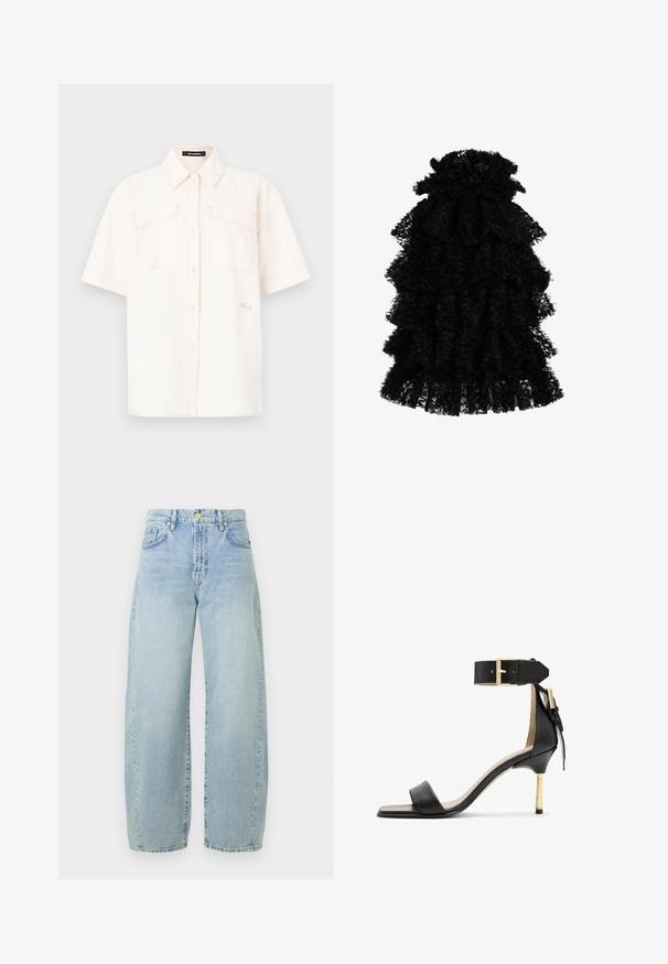 Korte mouwen, crèmekleurig shirt van lichtgewicht stof, met twee voorzakken, een knoopsluiting en contrasterende stiksels.; Zwarte gerimpelde jurk gemaakt van textuurstof, met meerdere lagen en een geraffineerde halslijn, die een volumineuze silhoeet creëert.; Lichtblauwe denim wijde jeans met een hoge taille, lichte vervaging, vijf zakken en gouden hardware. De zoom is recht en onafgewerkt.; Zwarte leren sandalen met hak en vierkante neus, enkelband met een gouden gesp en een slanke metalen hak. Soepele textuur, minimalistisch ontwerp.