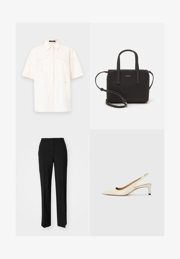 Krátky rukáv, krémová košeľa vyrobená z ľahkej tkaniny, s dvoma prednými vreckami, zapínaním na gombíky a kontrastným prešívaním.; Čierne krajčírské nohavice so strihom rovného nohu, s hladkou textúrou a ostrými skladmi pozdĺž prednej časti. Žiadne viditeľné hardvér.; Lodičková obuv so špicatou špičkou v béžovej kože, s nízkym opätkom a vykrojeným dizajnom, hladkou textúrou a minimálnymi akcentmi.; Čierna kabelka s dvojitými krátkymi rúčkami a odnímateľným ramenným popruhom. Hladký materiál podobný koži s uzatváraním na zips a detailom loga.