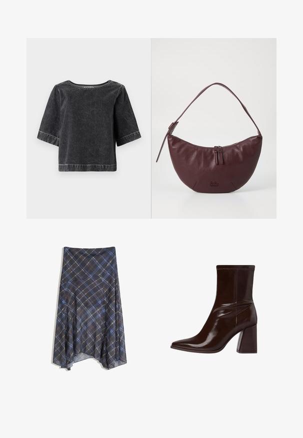 Čierny denimový top s krátkymi rukávmi, okrúhlym výstrihom a mierne voľným strihom. Obsahuje viditeľné švy a textúrovaný povrch.; Čierna kockovaná sukňa s modrými a hnedými prúžkami, voľný strih, stredná dĺžka, vyrobená z ľahkej látky s hladkým povrchom.; Hnedé lakované členkové čižmy s špicatou špičkou, elastickým členkom a mohutným blokovým podpätkom. Elegantný dizajn s hladkým povrchom.; Vínová kožená kabelka s krivkovým dizajnom, vybavená zipsovým zapínaním, dvoma ťaháčikmi na zips a krátkym ramenným popruhom. Detaily zahŕňajú embosované logo.