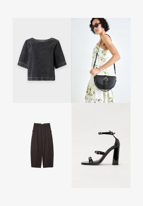 Črn denim top s kratkimi rokavi, okroglim izrezom in rahlo ohlapnim krojem. Ima vidne šive in teksturiran zaključek.; Črne široke hlače iz gladkega materiala, z visokim pasom, zgornjimi pregibi in stranskimi žepi. Preprost dizajn brez okrasnih elementov.; Črne lakaste sandale z visokimi petami, z dvema trakovoma z zaponkama, kvadratnim sprednjim delom in masivno širšo peto, z gladko, sijočo teksturo.; Črna usnjena torbica s ukrivljeno obliko, z odstranljivo naramnico in zlatimi dodatki. Torbica ima pokrov s podrobnostmi v obliki zaponke.