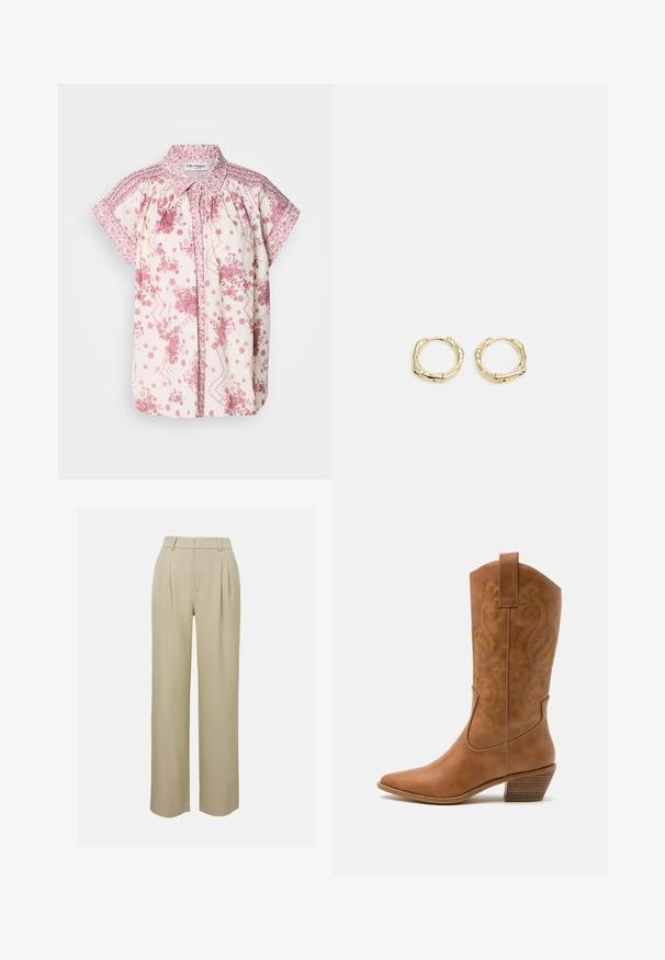 Bluza s kratkim rukavima od svijetlosmeđeg materijala s ružičastim cvjetnim uzorcima i dekorativnim nabranjem na ramenima i ovratniku.; Bež hlače širokih nogavica izrađene od glatkog materijala, s prednjim nabranicama, krojenim pojasom i bočnim džepovima. Čista obruba.; Smeđe kožne kaubojke s oštrim nosom, izvezenim spiralnim uzorcima na gornjem dijelu i blok petom. Imaju potporu za lakše obuvanje.; Zlatne okrugle naušnice s teksturiranim, nepravilnim oblikom. Imaju nevidljivo zatvaranje i polirani završni sloj, što naglašava moderan dizajn.