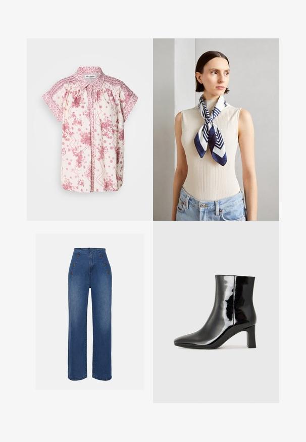 Kortermet bluse med et lys kremfarget stoff, prydet med rosa blomster mønstre og dekorativ smuging ved skuldrene og kragen.; Høyt midje denimjeans i middels blå. Har knappedetaljer foran og bred benstil. Stoffet har en glatt tekstur med lett falming.; Sorte patentlær ankle boot med spiss tå og en mellomhøy blokkhelt. Glatt tekstur og minimalistisk design.; Silkesjal i marineblått og hvitt med et geometrisk sikksakkmønster. Glatt tekstur, pent bundet rundt halsen, som komplementerer en ribbestrikket topp.
