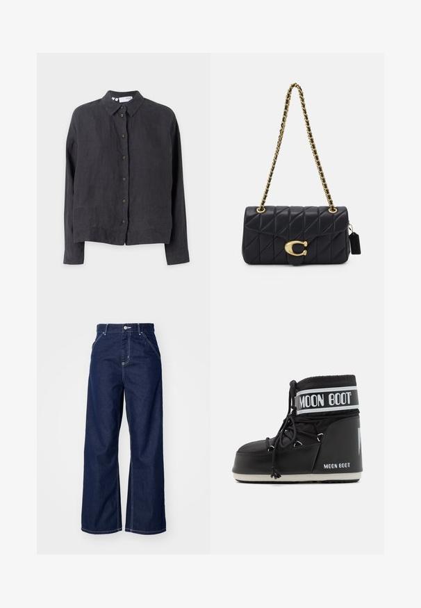 Dark gray linen button-up shirt with a collar, long sleeves, and brown buttons along the front, featuring a relaxed fit and smooth texture.; Wide-leg jeans in dark blue denim, featuring a high waist, contrasting white stitching, and traditional five-pocket design.; Black Moon Boot with a padded upper, secured by laces and a distinctive white band featuring the logo. Thick, textured rubber sole.; Black quilted handbag with a gold chain strap, featuring a distinctive gold clasp and a small tag, showcasing a textured leather surface.