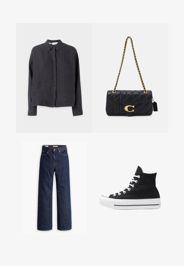 Dark gray linen button-up shirt with a collar, long sleeves, and brown buttons along the front, featuring a relaxed fit and smooth texture.; Dark blue straight-leg denim jeans with five pockets, orange stitching, and a button fly closure.; High-top black canvas sneaker with white eyelets, laces, and rubber sole. Features a textured toe cap and black and white stripe accents.; Black quilted handbag with a gold chain strap, featuring a distinctive gold clasp and a small tag, showcasing a textured leather surface.