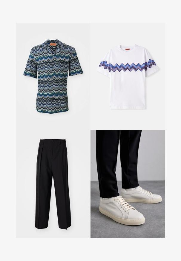 Košile s krátkým rukávem na knoflíky s cik-cak vzorem v námořnické modré, zelené a světle modré barvě na texturované tkanině. Štítek na výstřihu.; Bílý bavlněný tričko s krátkým rukávem, na kterém je modro-fialový cikcakový vzor na hrudi. Standardní kulatý výstřih, volný střih.; Černé skládací kalhoty s rovnými, širokými nohavicemi. Vyrobené z hladké tkaniny, se zapínáním na knoflík a poutky na opasek.; Světlé béžové kožené tenisky s plochými tkaničkami, texturovaným povrchem a kontrastní krémovou gumovou podrážkou, spárované s černými zúženými kalhotami.
