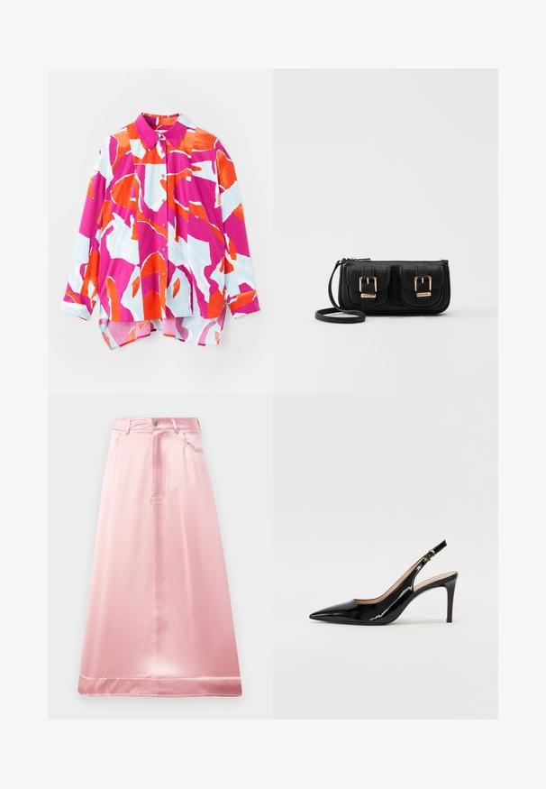 Košulja na dugmad s živopisnim apstraktnim uzorkom u ružičastoj, narančastoj i svijetloplavoj boji. Izrađena od glatkog materijala s ovratnikom i dugim rukavima.; Roza satenska suknja s lepršavim dizajnom, koja ima prednje kopčanje na dugmad, petlje za remen i dvije bočne džepove. Glatka tekstura s sjajnim završetkom.; Crne lakirane slingback cipele s oštrim vrhom, uskim potpeticama i suptilnim izrezom. Sadrže zlatnu kopču na traku.; Crna kožna torba preko ramena s dva prednja džepa, zlatnim kopčama, zatvaranjem na zip i uskim remenom. Teksturirana površina i kompaktan pravokutan oblik.