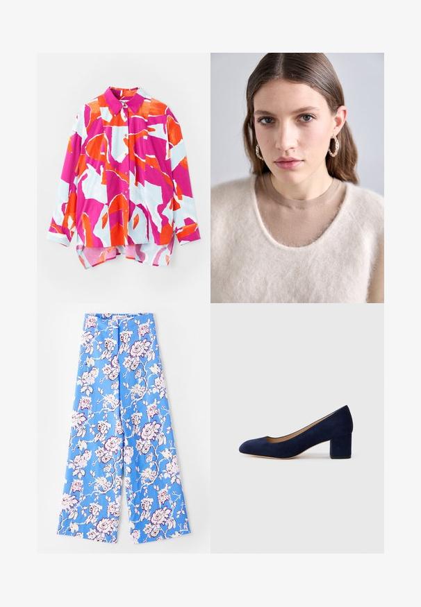 Napapaita pyjamashirt, jossa on värikäs abstrakti kuvio vaaleanpunaisena, oranssina ja vaaleansinisena. Valmistettu sileästä kankaasta, jossa on kaulus ja pitkät hihat.; Siniset kukkapantsut, joissa on vaaleanpunaisia ruusuja. Kangas on sileä, rento istuvuus, leveät lahkeet ja elastinen vyötärö.; Navy sininen mokkanahkakengät, joissa on terävä kärki ja keskikorkea lohkare korko. Sileä pinta, jossa on hieno kiilto ja pieni leikkaus etuosassa.; Vaaleanbeige neulepaita, jossa on pörröinen pinta ja leveä pääntie, kerrostettuna tiukasti istuvan ruskean paidan päällä. Mallilla on päällään hopeiset renkaita korvissa.