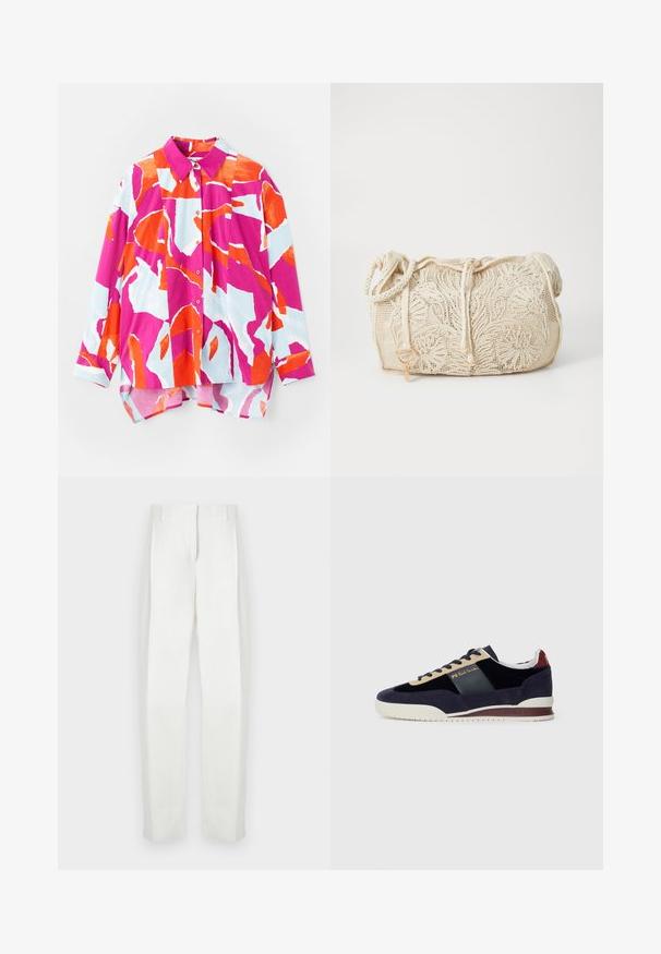 Nuppudega särk, millel on värvikas abstraktne muster roosa, oranži ja helesinise värviga. Valmistatud siledast kangast, millel on krae ja pikad varrukad.; Paul Smith Püksid - white; Tumesinine nahast tossud beige ja tumesiniste detailidega. Omab valget kummist tallat ja kuldset brändi tähist küljel. Klassikaline spordidisain.; Kreemi värvi heegeldatud käekott lillemotiividega, nööridega sulgemine ja punutud õlapael valgel taustal.