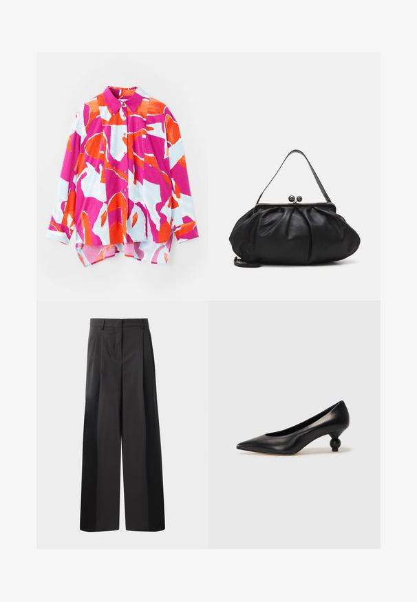 Gombos ing, színes absztrakt mintával rózsaszín, narancs és világoskék színekben. Simogatós anyagból készült, gallérral és hosszú ujjakkal.; Fekete, bő szárú nadrág magas derékkal, elöl plissékkel, sima felülettel és igényes kidolgozással. Kényelmes viseletre tervezve.; Fekete bőr magassarkú cipő, hegyes orral és kerek, gömbölyű sarokkal. Simább textúrával, elegáns, minimalista dizájnnal.; Fekete bőr kézitáska lekerekített, pliszírozott dizájnnal. Fémes zárja két dekoratív golyóval és egy vékony, lecsatolható pánttal rendelkezik.