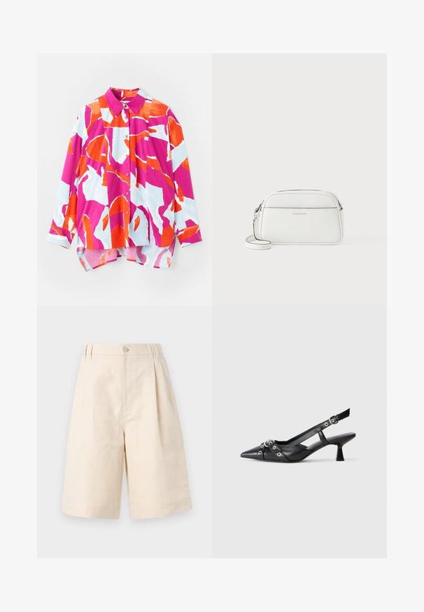 Button-up shirt featuring a colorful abstract pattern in pink, orange, and light blue. Made from smooth fabric with a collar and long sleeves.; Beige linen shorts with a relaxed fit, featuring a button closure, pleated design, and knee-length cut. Smooth texture and simple style.; Black leather slingback shoe with a pointed toe, decorative straps featuring metal eyelets, and a low block heel. Textured surface.; White leather crossbody bag, rectangular shape, smooth texture, zip closure, adjustable strap, minimalistic design with embossed logo.
