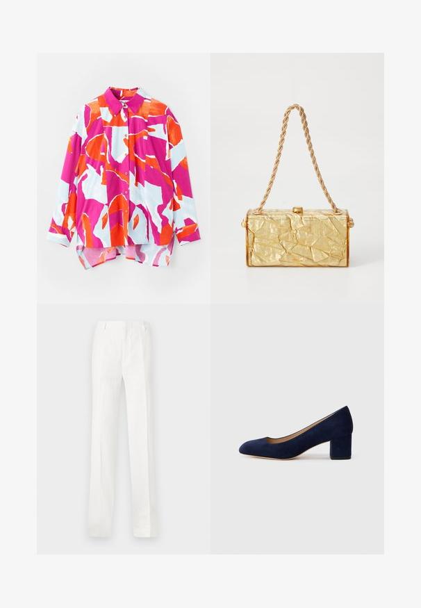Knapp-skjorte med et farverigt abstrakt mønster i pink, orange og lyseblå. Fremstillet af glat stof med krave og lange ærmer.; Hvide, lige bukser lavet af et letvægtsstof. Har en flad front, bælteløkker og ingen synlige mønstre eller dekorationer.; Marinblå ruskinds pumps med spids tå og en mellemstor blokhæl. Glat tekstur med en subtil glans og et lille udskæringer foran.; Gul, krøllet taske med rektangulær form, udstyret med en kædestrop og en lås på toppen. Glat, skinnende overflade.