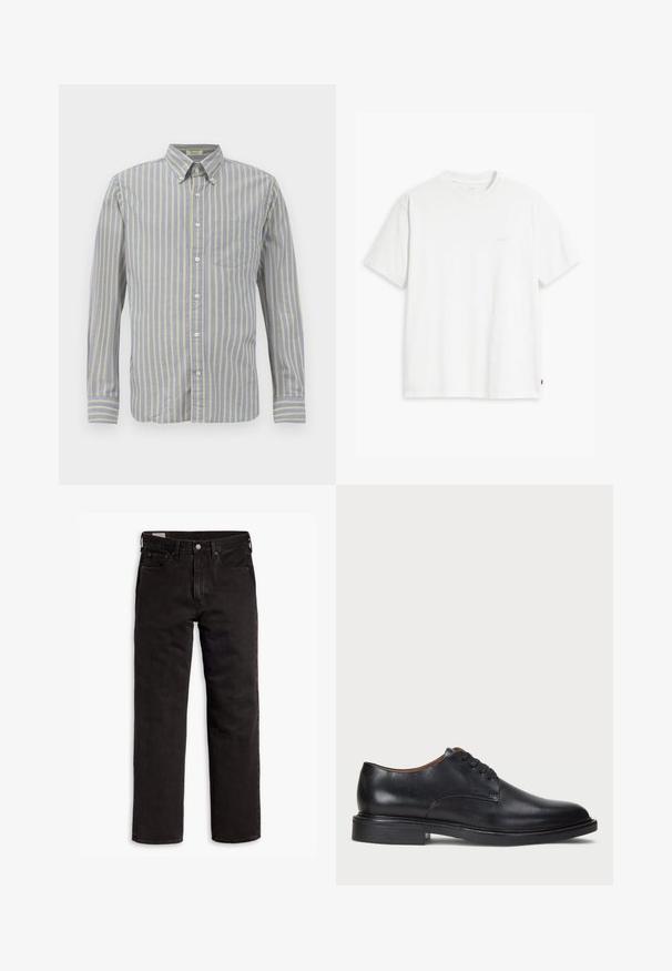 Kék szövetből készült, vékony sárga csíkos ing, gallérral, hosszú ujjakra és mellzsebbel. Fehér gombokkal van befejezve.; Fehér pamut póló rövid ujjakkal, kerek nyakkal és diszkrét Levi's logóval a középen. Puha tapintású és szabványos szabású.; Fekete egyenes szárú farmernadrág öt zsebbel, gombos záródással és övhurkokkal, fehér háttéren elhelyezve.; Fekete bőrből készült dresszcipő kerek orral, fűzős kialakítással és alacsony, rétegelt sarkával. Simás felület minimális varrási részletekkel.