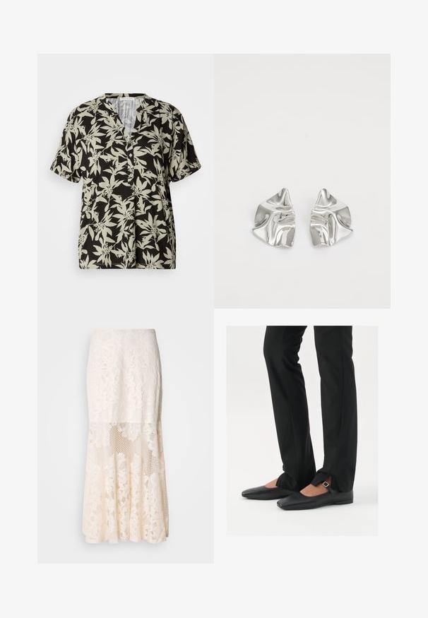 Kortermet skjorte i svart med lysegrønn blomsterdesign, V-hals og knapper. Laget av myk stoff med en avslappet passform.; Blomsterbroderi midi skjørt i krem; har lagd design med gjennomsiktige seksjoner, teksturert blonde og flared kant.; Svart skinnballett-sko med spiss tå, stropp med sølvspenne, kombinert med svarte skreddersydde bukser med splitt i kanten.; Sølvmetall øredobber med et bølgete, skulpturelt design, preget av en polert finish og uregelmessige former, som fremhever en moderne estetikk.