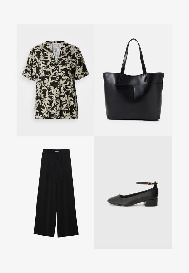 Košulja kratkih rukava crne boje s svijetlozelenim cvjetnim uzorkom, V-izrezom i detaljima na gumbima. Izrađena od mekanog materijala s ležernim krojem.; Crne široke hlače od teksturirane tkanine, s elastičnom pojasom i odvojivim remenom na struku za prilagodivo pristajanje.; Crne kožne pumpe s oštrim vrhom i niskom blok petom. Sadrže remen oko gležnja s zlatnim kopčanjem. Glatka tekstura.; Crna kožna torba s dugim ručkama, glatkom teksturom i strukturiranim oblikom. Ima prednju džep za dodatno pohranu.