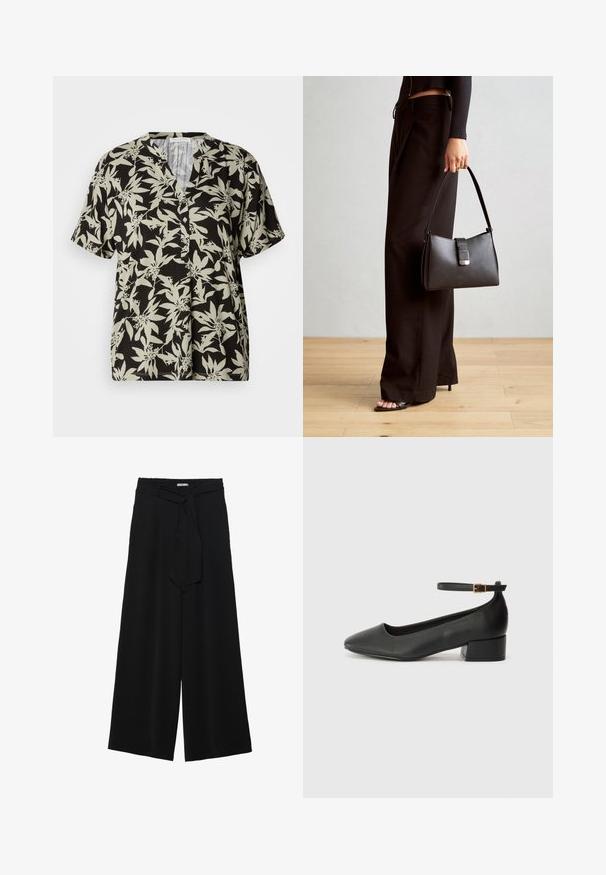 Fekete, rövid ujjú ing világoszöld virágmintával, V-nyakkivágással és gombos részletezéssel. Puha anyagból készült, laza szabással.; Fekete, bő szárú nadrág, texturált anyagból, rugalmas derékpánttal és levehető sállal a derekán, amely állítható illeszkedést biztosít.; Fekete bőr magassarkú cipő hegyes orral és alacsony tömb sarkal. Bokapánttal rendelkezik, aranyszínű csattal. Simább textúra.; Fekete kézi táska strukturált formával, sima textúrával és fémből készült záródással. Széles fekete nadrággal és nyitott orrú szandállal párosítva, fából készült padlón.