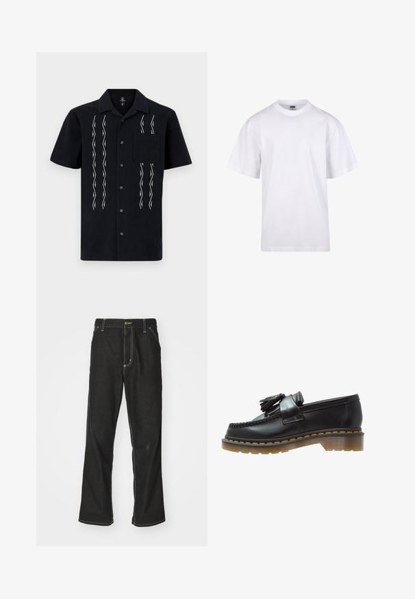 Camisa negra de manga corta hecha de tela con patrones en zigzag blancos, cinco botones en el frente y un bolsillo en el pecho.; Camiseta blanca de algodón con cuello redondo, mangas cortas y un corte relajado. Presenta un diseño liso sin patrones ni detalles.; Jeans de mezclilla negra con un corte holgado, que cuentan con costuras blancas contrastantes, cierre de botón y un diseño de pierna recta.; Mocasines de cuero negro con un acabado texturizado, que presentan un borlas decorativa y una costura amarilla en contraste, sobre una suela gruesa y transparente.