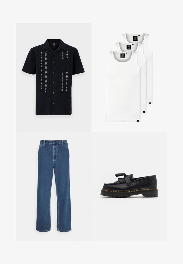 Camicia nera a maniche corte realizzata in tessuto con motivi zigzag bianchi, cinque bottoni lungo la parte anteriore e una tasca sul petto.; Tre canotte bianche a coste in cotone. Presentano un colletto rotondo e piccole etichette nere vicino all'orlo. Disponibile in diverse taglie.; Jeans in denim blu con taglio dritto, design a cinque tasche, chiusura con bottone metallico e cuciture visibili lungo le cuciture e l'orlo.; Mocassino in pelle nera con un'accento a frange, dotato di una suola nera spessa e cuciture gialle lungo il bordo. Finitura testurizzata.