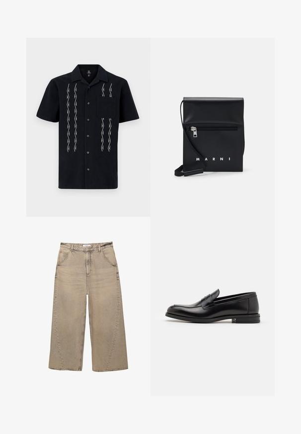 Rövid ujjú, fekete ing, fehér cikk-cakk mintázattal, öt gombbal az elején, valamint egy mellzsebből.; PULL&BEAR MEGA BAGGY - Túlméretezett farmernadrág - light grey; Fekete bőr loaferek sima textúrával, kerek orral és dekoratív pánttal a vampnál. Alacsony, rétegelt sarkú, minimalista dizájn.; Fekete bőr keresztpántos táska cipzáras elülső zsebbel, dombornyomott logóval és állítható pánttal. Simább textúra, amelynek strukturált alakja van.