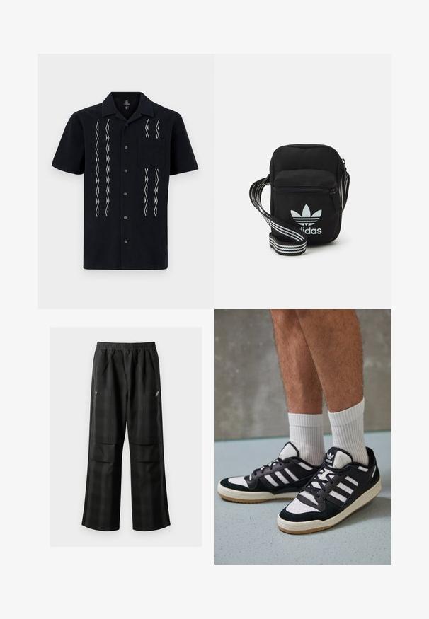 Korte mouw zwarte shirt van stof met witte zigzagpatronen, vijf knopen aan de voorkant en een borstzak.; Zwarte geruite broek met een elastische tailleband, twee voorzakken en een losse pasvorm met een rechte pijpdesign. Gemaakt van lichtgewicht materiaal.; Zwart-witte sneakers met een bovenwerk van suede en leer, voorzien van drie witte strepen, een geperforeerde neus en een rubberen gumzool.; Zwarte stoffen schoudertas met een ritssluiting, voorzien van een wit Adidas-logo en een gestreepte, verstelbare schouderband voor gemakkelijk dragen.