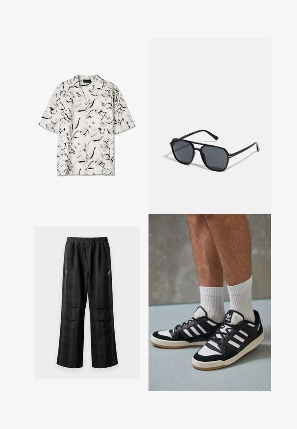 Trumpas rankovėmis atviras apykaklės marškiniai, turintys baltą pagrindą su juodais ir pilkais gėlių raštais. Lengva medžiaga su mygtukų detalėmis.; Juodos languotos kelnės su elastingu juosmeniu, dviem priekinėmis kišenėmis ir laisvu tiesiu kirpimu. Pagamintos iš lengvos medžiagos.; Juodos ir baltos sportinės bateliai su zomšiniu ir odiniu viršumi, su trimis baltomis juostelėmis, perforuota koja ir guminėmis padais.; Juodos akiniai nuo saulės su aštuonkampiu rėmeliu, tamsiais objektyvais, blizgiu paviršiumi, plonomis šakutėmis ir auksinėmis akcentais priekyje.