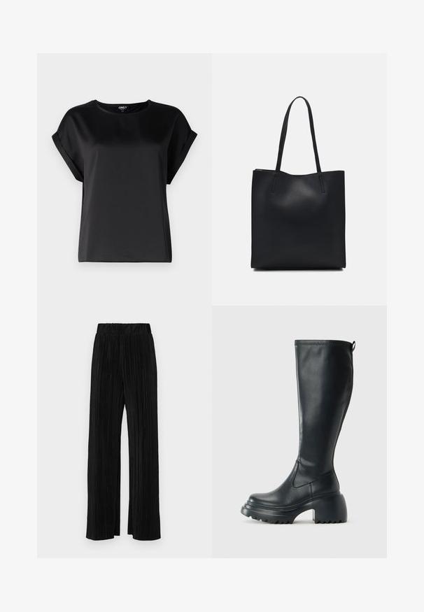 Maglietta nera a maniche corte realizzata in un tessuto liscio, con scollatura rotonda e dettagli delle maniche arrotolate. Design semplice senza motivi o accessori.; T-shirt nera a maniche corte con scollatura rotonda, realizzata in morbido cotone. Design semplice, senza loghi o motivi visibili.; Pantaloni neri a plissé con vita elasticizzata. Presentano gamba ampia e un tessuto liscio e texture con strisce verticali.; Stivale lungo in pelle nera con suola piatta robusta e tacco a blocco, dotato di linguetta e battistrada testurizzato sulla suola.; Borsa tote in pelle nera con texture liscia, forma rettangolare e due manici lunghi. Nessun hardware o decorazione visibile.