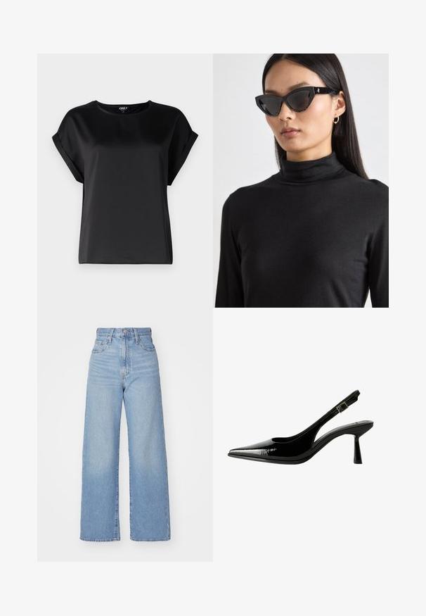 Sort kortærmet top lavet af glat stof med rund halsudskæring og detaljer med rulleærmer. Enkel design uden mønstre eller hardware.; Lyseblå højtaljede bukser med bred benåbning, med frontknap og lynlås, samt for- og baglommer, på en hvid baggrund.; Sorte patenterede lædersandaletter med spids tå, udskårne sider, justerbar ankelstrop og en tynd, slank hæl.; Sorte cat-eye solbriller med mørke linser, teksturerede sorte stel og subtile glitrende detaljer. Modellen bærer en sort turtleneck.; Guld digitalt ur med rektangulært urglas, LCD-display, rustfrit stålarmbånd og knapper på siden. Har et vandtæt mærke.