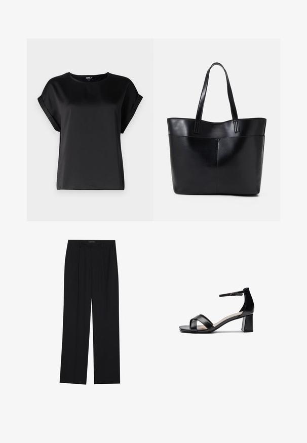 Blusa preta de manga curta feita de um tecido liso com decote redondo e detalhes de mangas enroladas. Design simples, sem padrões ou acessórios.; Calças pretas com um design de perna reta, apresentando dois bolsos frontais e um cós. Feitas de um tecido leve e suave.; Sandália de salto alto preta, com ponta aberta, tiras cruzadas, tira de tornozelo ajustável e um salto robusto, apresentando uma textura de pele lisa.; Bolsa tote preta em couro com duas alças longas, textura suave e forma estruturada. Apresenta um bolso frontal para armazenamento adicional.