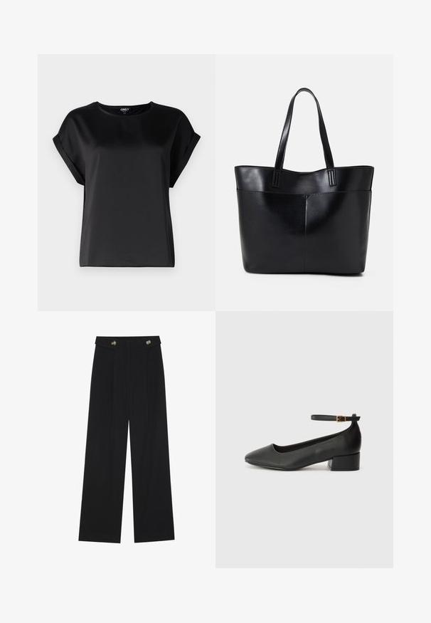 Fekete, rövid ujjú felső sima anyagból, kerek nyakkivágással és felgombolt ujjrészletekkel. Egyszerű, mintás vagy díszítőelemek nélküli dizájn.; Fekete, bő szárú nadrág magas derékkal, gombos részletekkel a derékrészen és elülső pliszékkal.; Fekete bőr magassarkú cipő hegyes orral és alacsony tömb sarkal. Bokapánttal rendelkezik, aranyszínű csattal. Simább textúra.; Fekete bőr bevásárlótáska két hosszú fogantyúval, sima felülettel és strukturált formával. Elülső zseb található rajta a plusz tárolás érdekében.