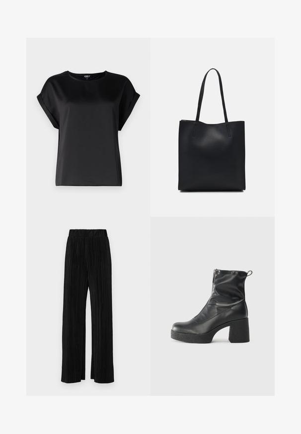 Mustassa lyhythihaisessa paidassa on sileä kangas, pyöreä pääntie ja käännetyt hihansuut. Yksinkertainen muotoilu ilman kuvioita tai varusteita.; Mustat pleatatut housut, joissa on joustava vyötärö. Ominaisuuksiin kuuluvat leveät lahkeet ja sileä, teksturoitu kangas, jossa on pystysuoria raitoja.; Mustat nilkkurit, jotka on valmistettu sileästä nahasta. Niissä on sivuvetoketju, paksu teksturoitu korko ja pyöristetty kärki.; Mustapahkainen kangaskassi, jossa on sileä pinta, suorakaiteen muotoinen ja kaksi pitkää kahvaa. Ei näkyvää metalliosaa tai koristeita.