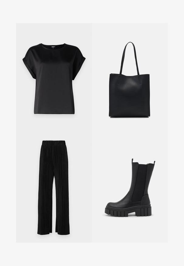 Čierny krátky rukáv top z hladkej látky s okrúhlym výstrihom a detailmi zrolovaných rukávov. Jednoduchý dizajn bez vzorov alebo kovových prvkov.; Čierne plisované nohavice s elastickým pásom. Majú široké nohavice a hladkú, textúrovanú látku s vertikálnymi pruhmi.; Čierne ankle boots s kombináciou umelej kože a elastických bočných panelov. Masívna platformová podrážka s vertikálnymi drážkami pre lepšiu priľnavosť.; Čierna kožená taška na rameno s hladkým povrchom, obdĺžnikovým tvarom a dvoma dlhými uchami. Bez viditeľného kovania alebo ozdôb.