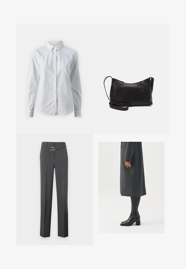 Fehér, sima pamutből készült gombos ing, klasszikus gallérral, hosszú ujjakkal és ívelt hemvéggel. A gombok kicsik és fehérek.; Sötétszürke, szabott női nadrág egyenes lábakkal, vékony, azonos színű övvel, arany színű csattal.; Szürke, szabott overál, egyenes vonallal; térd fölé érő fekete bőrcsizmákkal párosítva, négyzetes orral és vastag sarokkal.; Fekete bőr válltáska sima felülettel, ívelt formával, állítható pánttal és cipzáras záródással. Minimalista dizájn díszítmények nélkül.