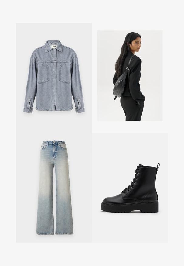Džínová bunda svetlosivej farby s golierovým výstrihom, predným zipsom, dvoma náprsníkovými vreckami a vyhrnutými rukávmi. Viditeľná opotrebovaná textura.; Svetlomodré džínsy s širokými nohavicami vyrobené z denimu, s vysokým pásom, piatimi vreckami a viditeľnými stehmi pozdĺž švov.; Čierne kožené členkové topánky s hrubou, textúrovanou podrážkou, okrúhlou špičkou a kovovými očkami na šnúrky. Obsahujú pútko na zadnej strane.; Žena s dlhými tmavými vlasmi, oblečená v čiernom obleku, nesúca čiernu koženú kabelku na ramene, pozerajúca cez rameno na bielom pozadí.