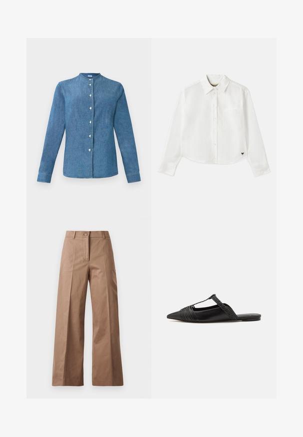 Blue denim long-sleeve shirt with a band collar and white buttons down the front.; White cropped long-sleeve shirt made of cotton. Features a button-up front, a chest pocket, and a small black logo on the bottom left.; Brown wide-leg trousers made from a smooth fabric, featuring a front button closure, two front pockets, and clean, tailored lines.; Black leather slingback shoe with a pointed toe, featuring a woven accent and pleated upper design. Flat sole with minimal hardware.