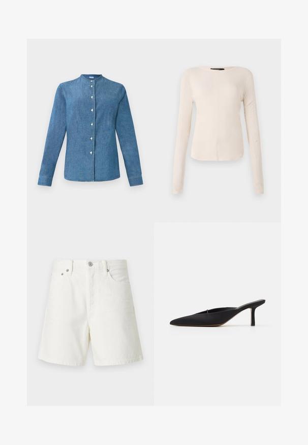 Blauwe denim shirt met lange mouwen, een bandkraag en witte knopen aan de voorkant.; Langsleeve, lichtbeige top met een ronde halslijn. Gemaakt van zachte stof, heeft een centrale naad en een iets gebogen rand. Geen zichtbare hardware.; Witte denim shorts met een rechte snit, vijf zakken, voorste knoopsluiting, zilveren hardware en gestikte details.; Zwarte muiltje met spitse neus en een strak ontwerp, gemaakt van gladde stof, met een slanke hak en open achterkant voor gemakkelijk aan- en uittrekken.