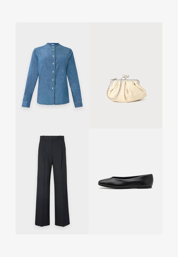 Blå denim langærmet skjorte med bandkrave og hvide knapper foran.; Mørkeblå stribede bukser med høj talje, vidde bendesign og ingen synlig hardware eller dekorationer. Glat tekstur og skræddersyet pasform.; Paul Smith TOPANGA - Ballerinasko - black; Plisseret beige læderclutch med en sølvmetalramme, der har to runde dekorative låse og en sølvkædetrasporte.