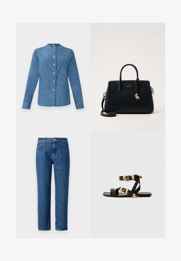 Cămașă din denim albastru, cu mânecă lungă, guler tip bandă și nasturi albi pe față.; Jeans din denim albastru cu croială dreaptă, dotate cu închidere cu nasture, bucle pentru curea și buzunare frontale. Fabricate din material texturat din bumbac.; Sandale din piele neagră cu accente aurii pe catarame, având mai multe curele și un design cu talpă plată pentru purtare cu degetele la vedere.; Geantă de mână din piele neagră cu un design structurat, mânere superioare duble, curea de umăr detasabilă, accesorii din aur și un pandantiv cu logo.