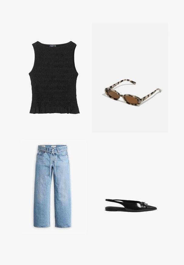Black sleeveless top featuring gathered texture, round neckline, and flared hem. Fabric is soft and stretchy. No visible hardware or patterns.; Light blue denim wide-leg jeans with a high waist, button and zip closure, and a drawstring detail at the waist. Raw hem finish.; Black patent leather slingback flats with pointed toe, circular accent detail, and slender straps for secure fit. Smooth gloss finish.; Tortoiseshell sunglasses with oval lenses, brown tint, and thin patterned sides. Lightweight plastic material with subtle gold accents.