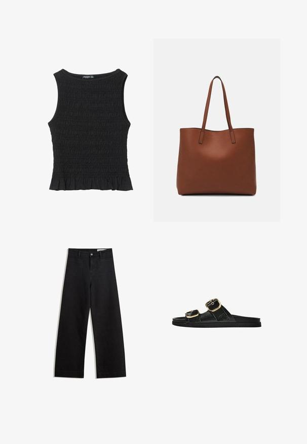 Schwarzes ärmelloses Top mit geraffter Textur, Rundhalsausschnitt und weit auslaufendem Saum. Der Stoff ist weich und elastisch. Keine sichtbaren Hardwareteile oder Muster.; Schwarze weit geschnittene Jeans mit hoher Taille, ausgestattet mit Vorder- und Hintertaschen, gesteppten Nähten und einem Knopfverschluss. Glatte Textur.; Schwarze Riemensandale mit zwei goldenen Schnallendetails, glattem Material, flachem Sohlen und minimalistischer Gestaltung.; Braune Leder-Tote mit glatter Textur, offenem Oberteil und zwei Schulterriemen. Verfügt über minimale Nähte und keine sichtbaren Beschläge.