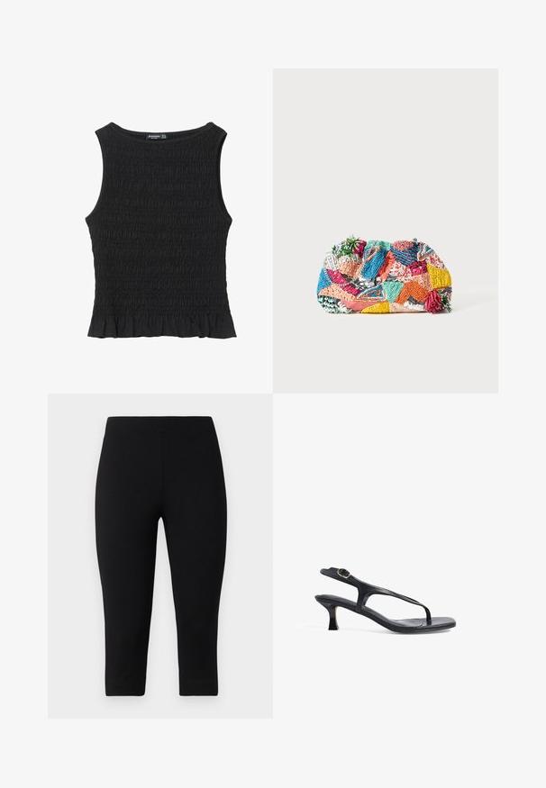 Black sleeveless top featuring gathered texture, round neckline, and flared hem. Fabric is soft and stretchy. No visible hardware or patterns.; Black capri leggings made of stretchy material, featuring a snug fit and smooth texture, with no prominent patterns or accents.; Black leather sandal with a slim design, thin straps, and a small heel. Features a buckle accent and a smooth textured footbed.; Colorful woven clutch bag featuring various patterns in pink, blue, green, and yellow, with textured embellishments and decorative accents.
