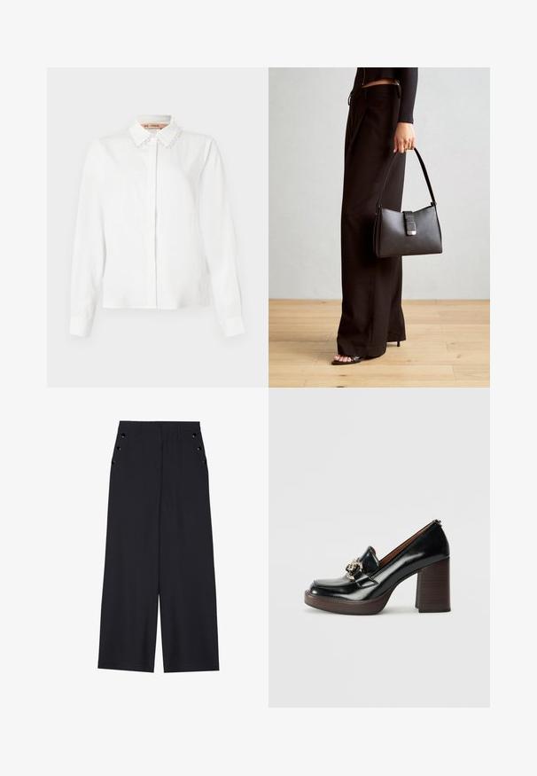 Witte blouse met lange mouwen en een kraag versierd met parels, verborgen knopen aan de voorkant en gepaste manchetten op een effen achtergrond.; Zwarte wijde broek in donkerblauw materiaal, met een gladde textuur, voorplooien en decoratieve goudkleurige ogen op de zijzakken.; Zwarte leren hoge hak loafers met ronde neus, decoratieve zilveren hardware, houten blokhak en een gladde gepolijste afwerking.; Zwarte handtas met gestructureerde vorm, gladde textuur en een metalen sluiting. Gecombineerd met brede zwarte broeken en sandalen met open teen op een houten vloer.