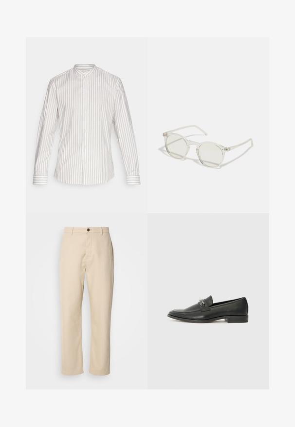 Camisa de manga larga en un patrón de rayas verticales en beige claro y blanco. Cuenta con un cuello alto y un cierre de botones con puños a juego.; Pantalones de algodón beige con piernas rectas, cierre de botón en la parte delantera, bolsillos laterales y una textura suave. Diseño minimalista, sin patrones visibles.; Mocasín de cuero negro con un acabado suave, que cuenta con un diseño de costura y un acento decorativo de cadena de metal en el empeine. Tacón plano.; Gafas de sol redondas con una montura transparente, lentes verde claro y patillas delgadas y transparentes. Presenta sutiles acentos de hardware en la montura.